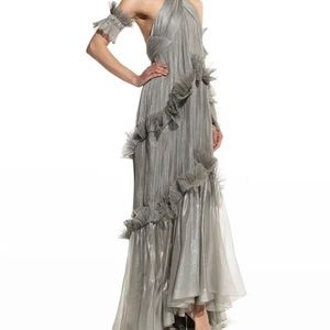 Maria Lucia Hohman Plisse Tiered Halter Gown w/ Removable Sleeves